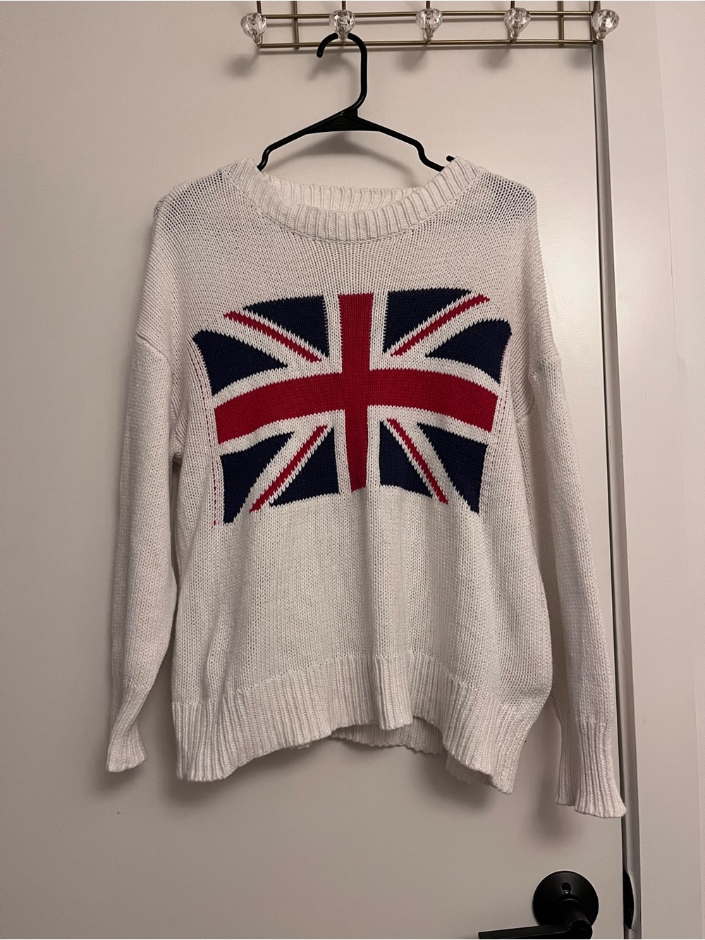 Altar'd State White Crewneck Sweater with Red & Navy Union Jack